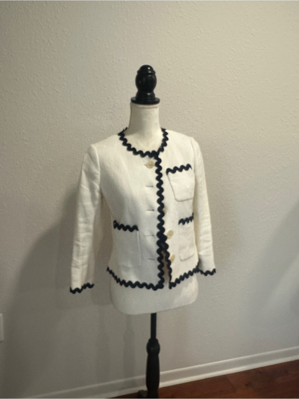 Women's White Cropped Jacket with Navy Trim - Classic Button Front - Picture 2 of 6